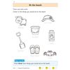 Children trace six beach-related words, colour the relevant pictures, and draw three more beach items
