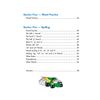 A contents page listing spelling topics like vowel sounds and homophones, with page numbers and a cartoon car illustration