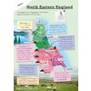A colourful map of North Eastern England with labelled counties, cities and geographical features explained in text boxes