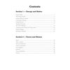 A contents page listing the chapters on energy, matter, forces and motion with their starting page numbers