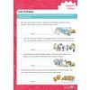 Three division word problems with space to write answers, supported by cartoon illustrations of postcards