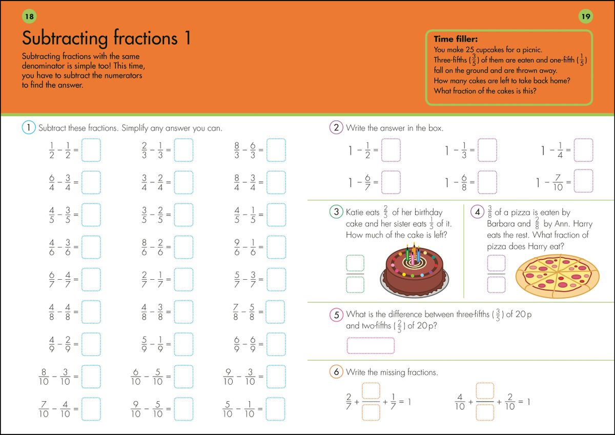 Sample pages showing subtracting fractions exercises with colourful word problems and illustrations