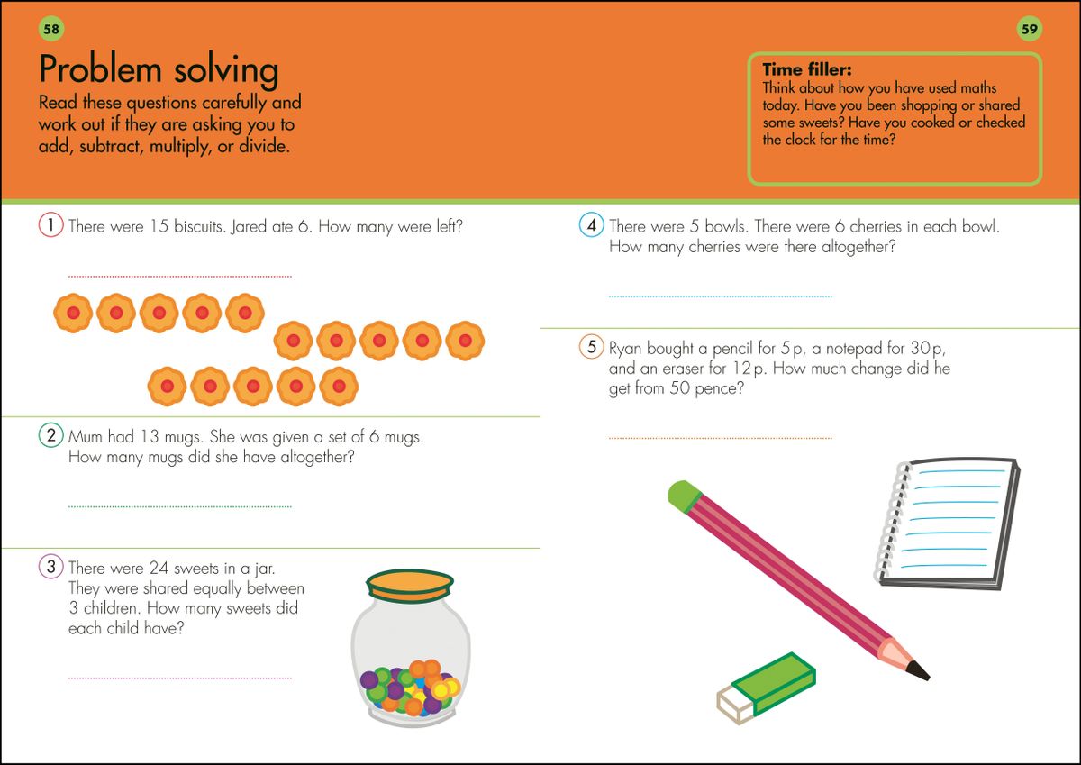 Problem-solving activity page showing visual word problems with biscuits, mugs, sweets, and money calculations