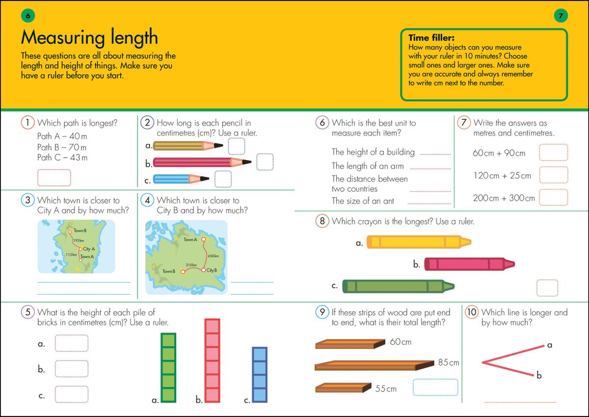 Sample workbook page showing measuring length problems with coloured pencils, maps and rulers