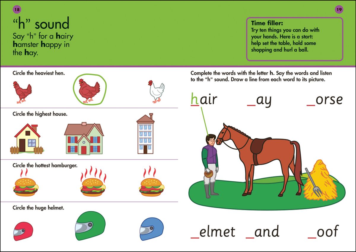 Sample phonics activity page showing the 'h' sound with colourful illustrations