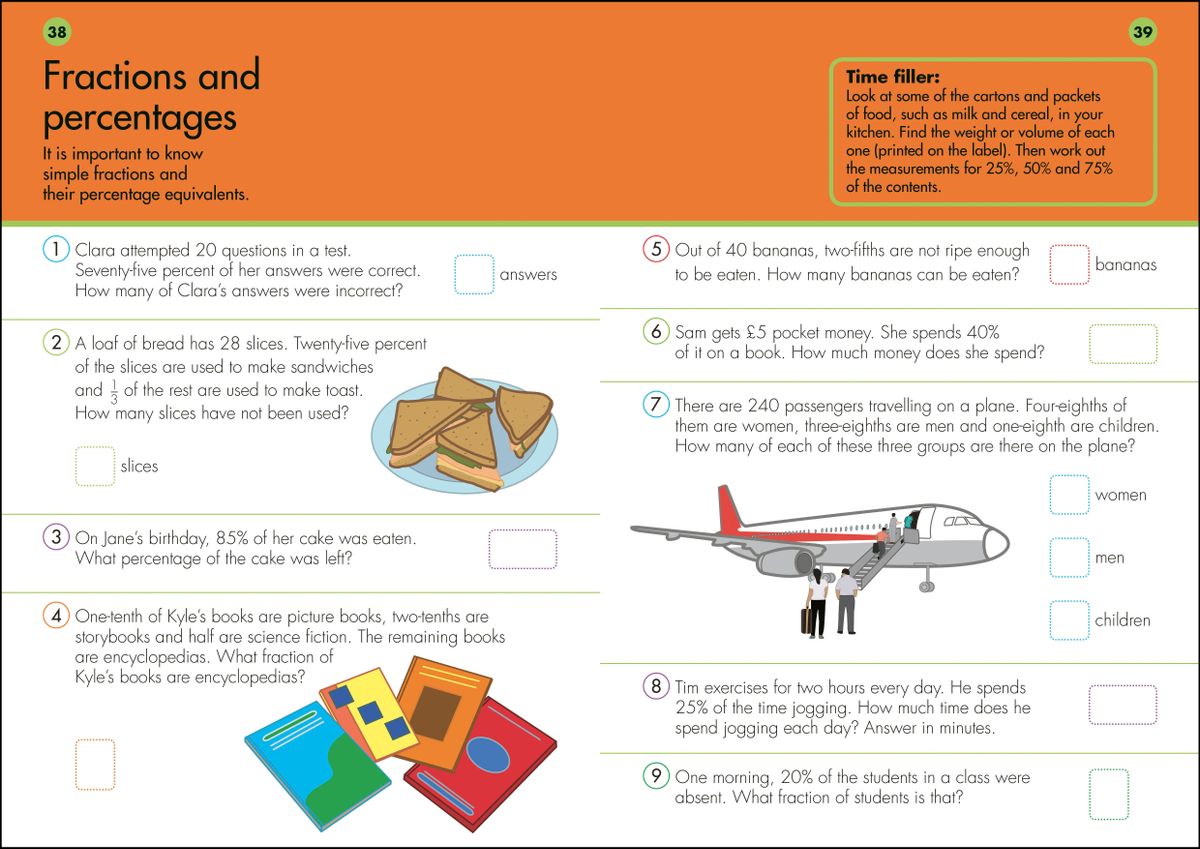 Sample pages showing fractions and percentages problems with colourful illustrations