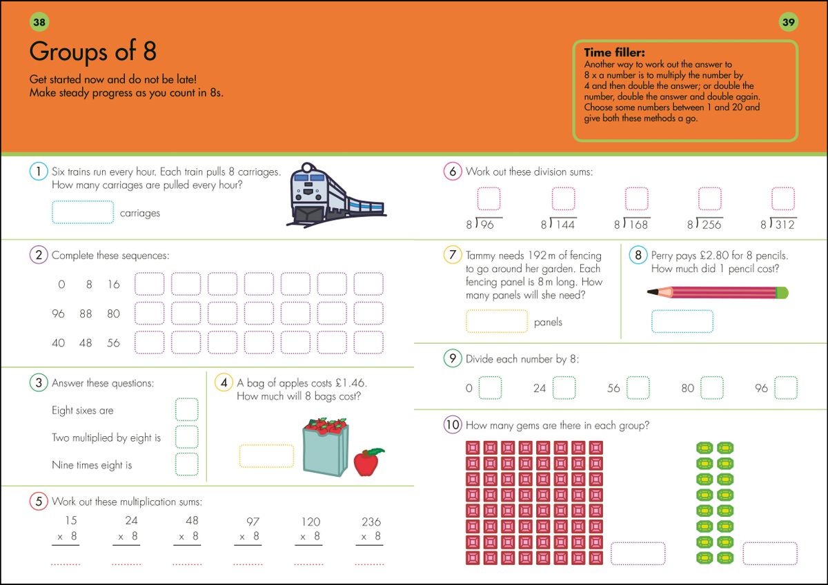 Sample workbook pages showing groups of 8 exercises with train illustrations and real-life word problems