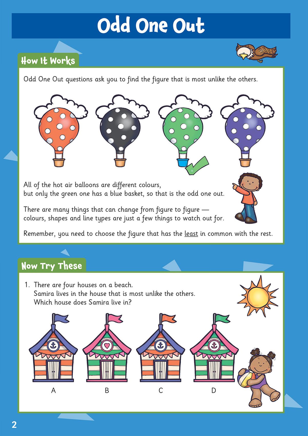 Odd One Out topic page showing clear explanations and worked examples with hot air balloons and beach huts