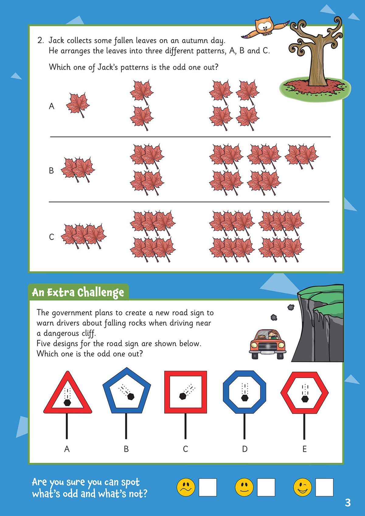 Sample activity page featuring autumn leaves pattern puzzle and road sign odd one out challenge with self-assessment boxes