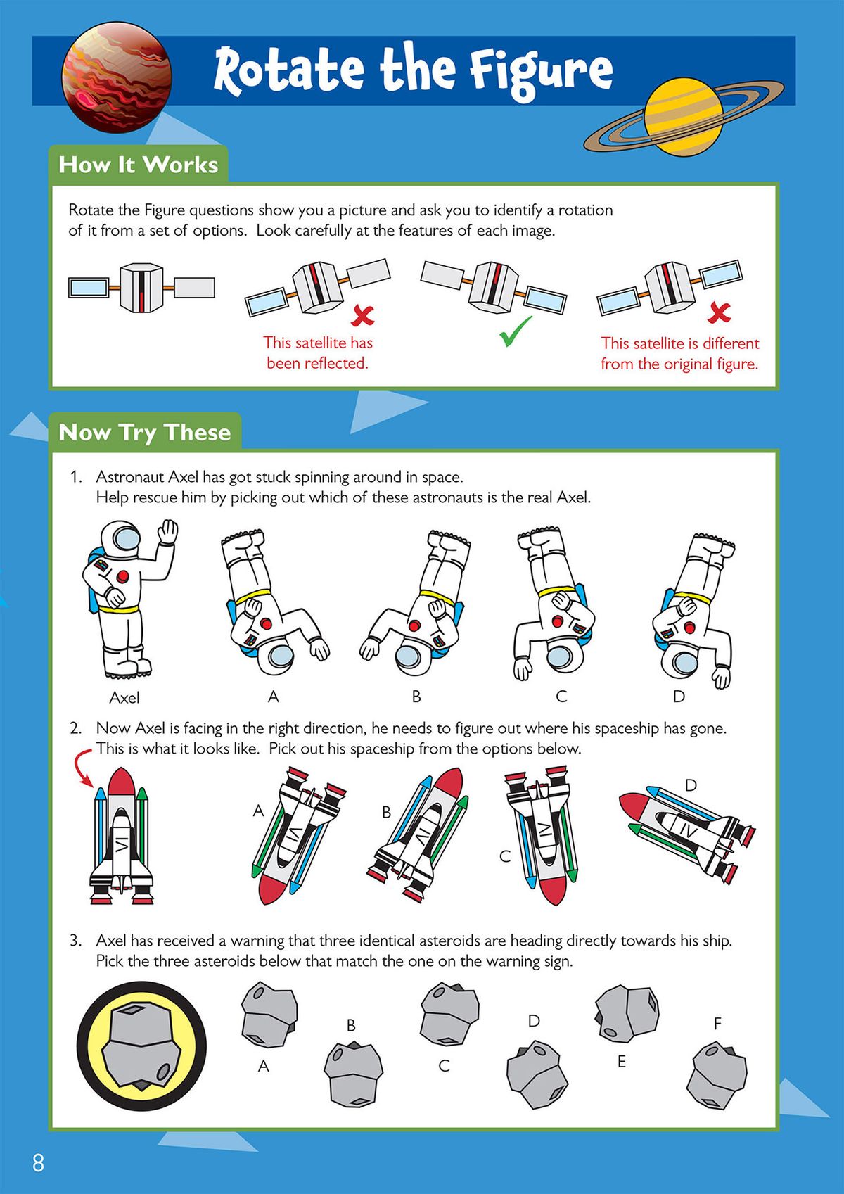 Sample page showing Rotate the Figure exercises with space-themed astronaut and spaceship puzzles