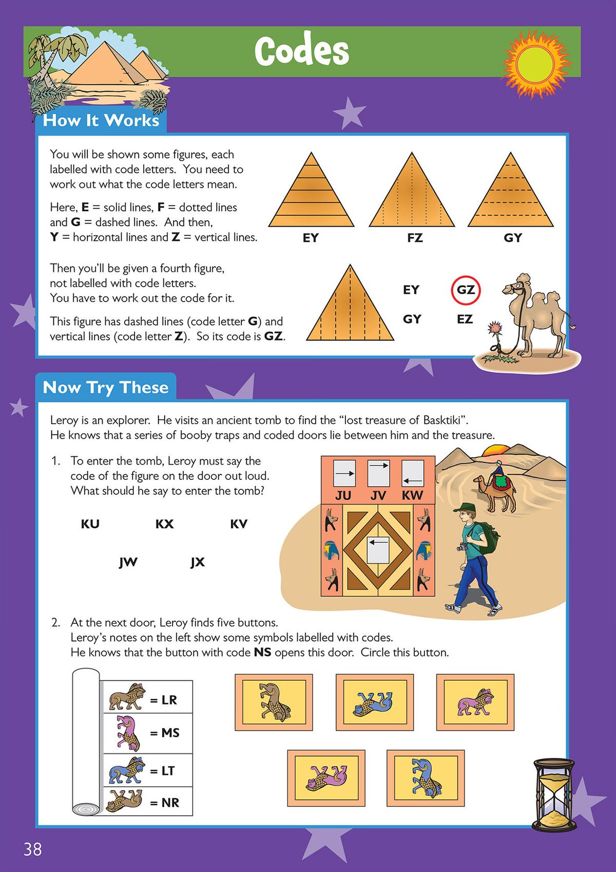 Sample page demonstrating Codes question type with Egyptian tomb adventure theme