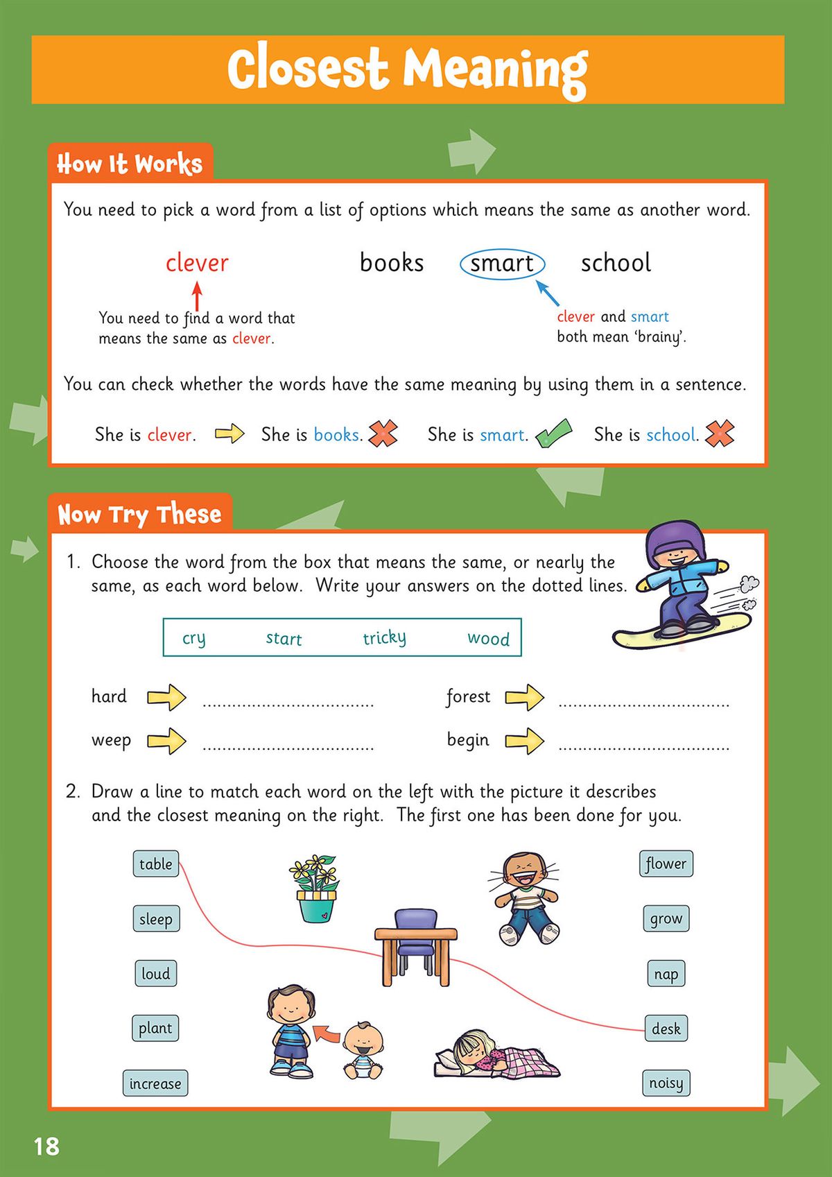 Sample page showing Closest Meaning verbal reasoning exercises with colourful illustrations