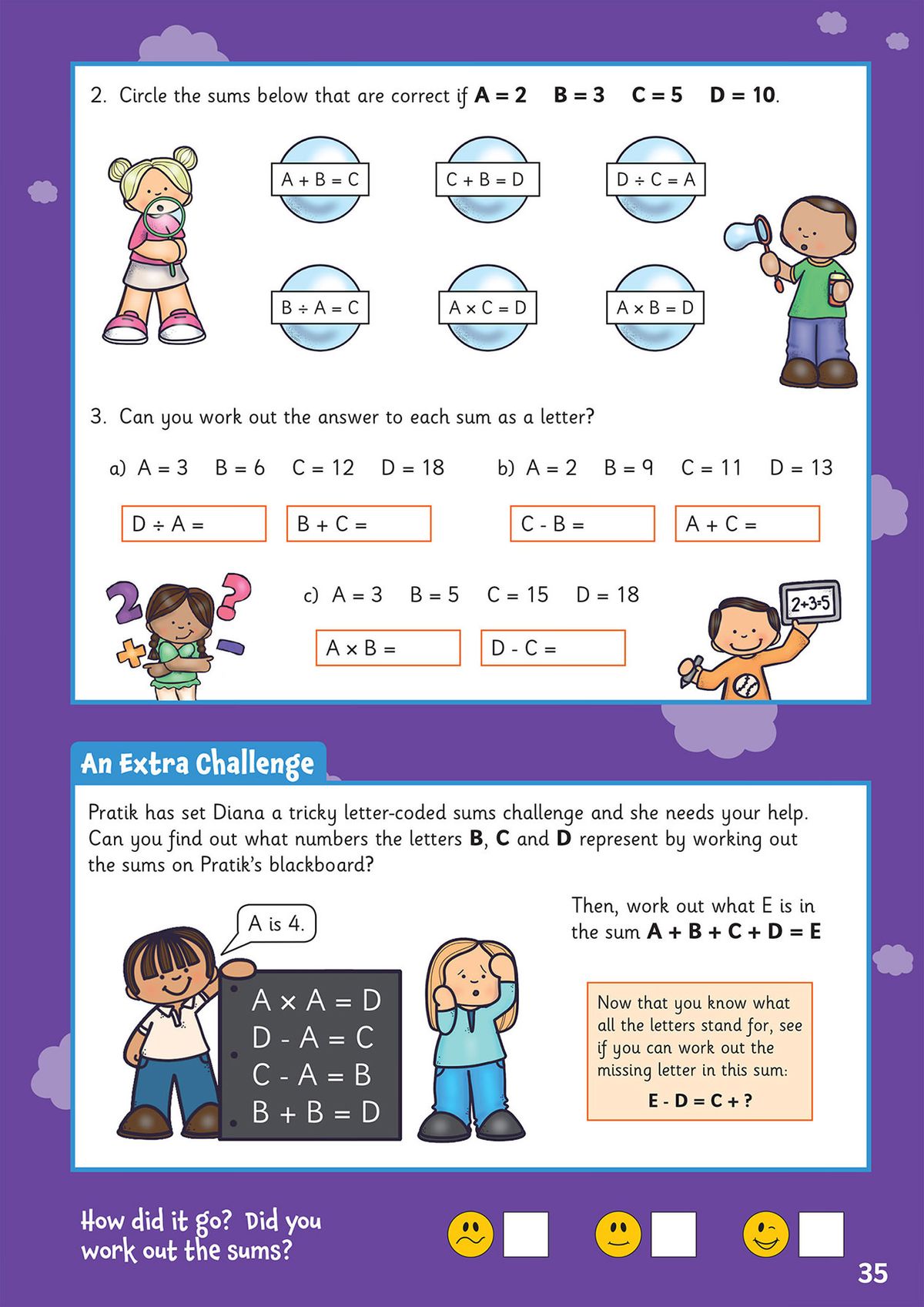 Sample page showing letter-coded sums and an extra challenge section with friendly character illustrations