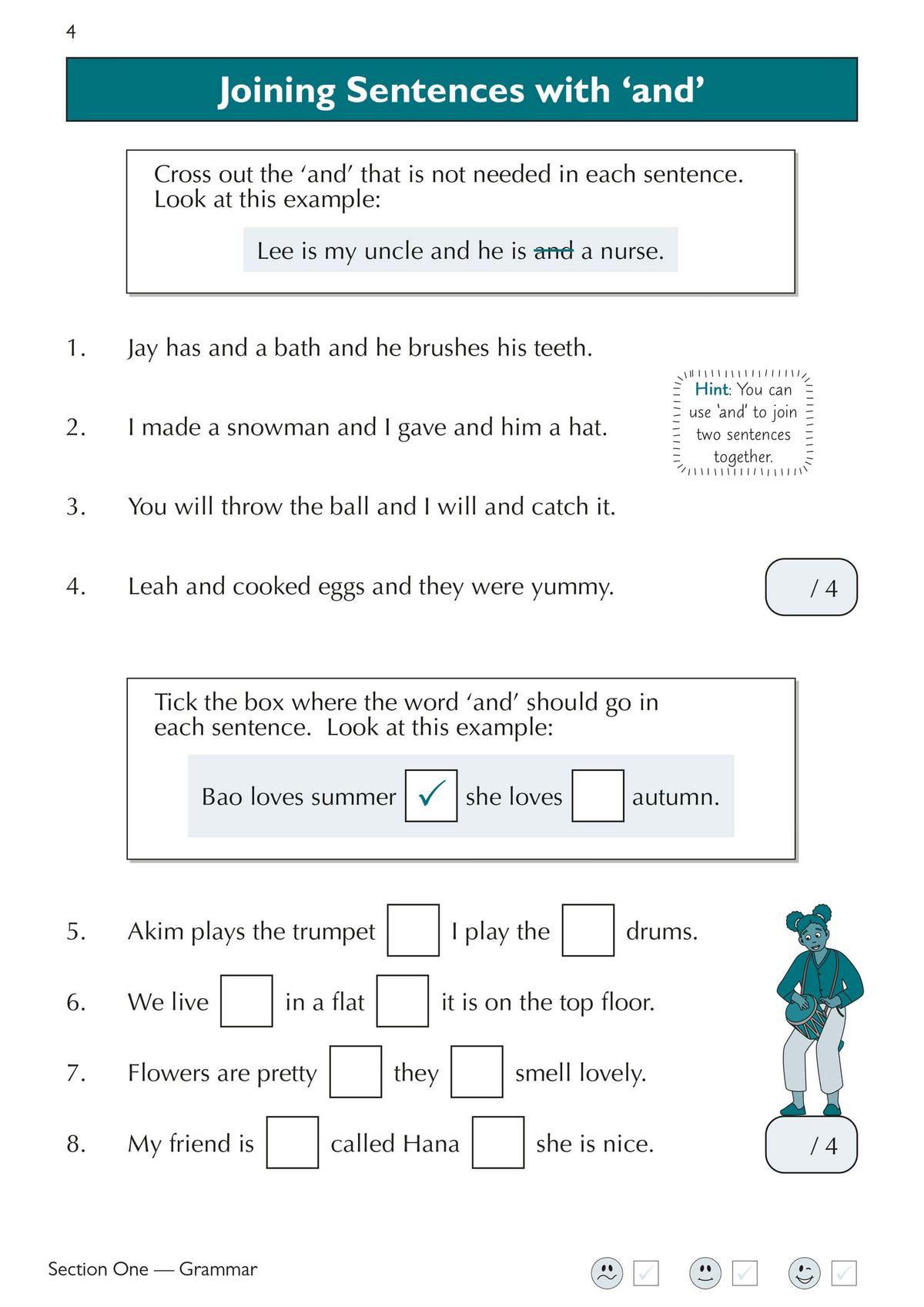 Sample grammar exercise page showing joining words with 'and'