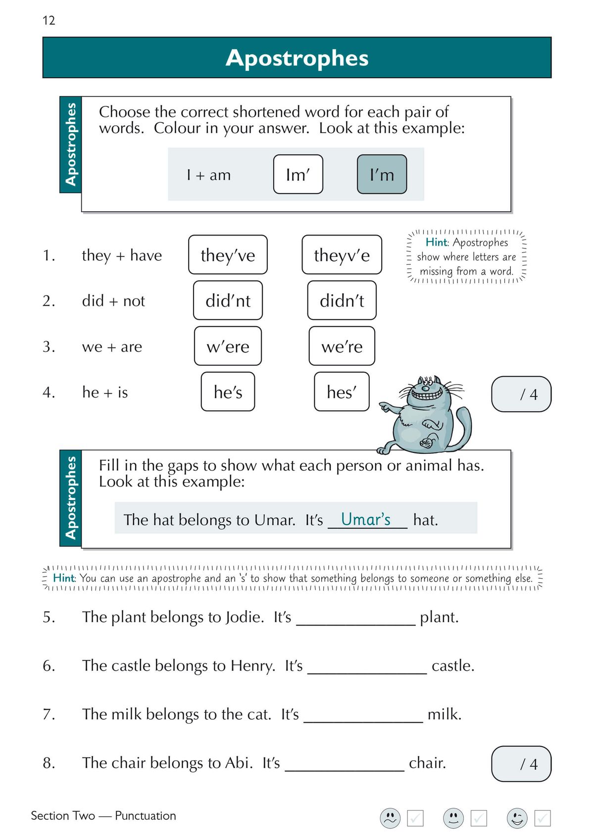 Sample page showing apostrophe exercises with multiple-choice questions and fill-in-the-gap activities
