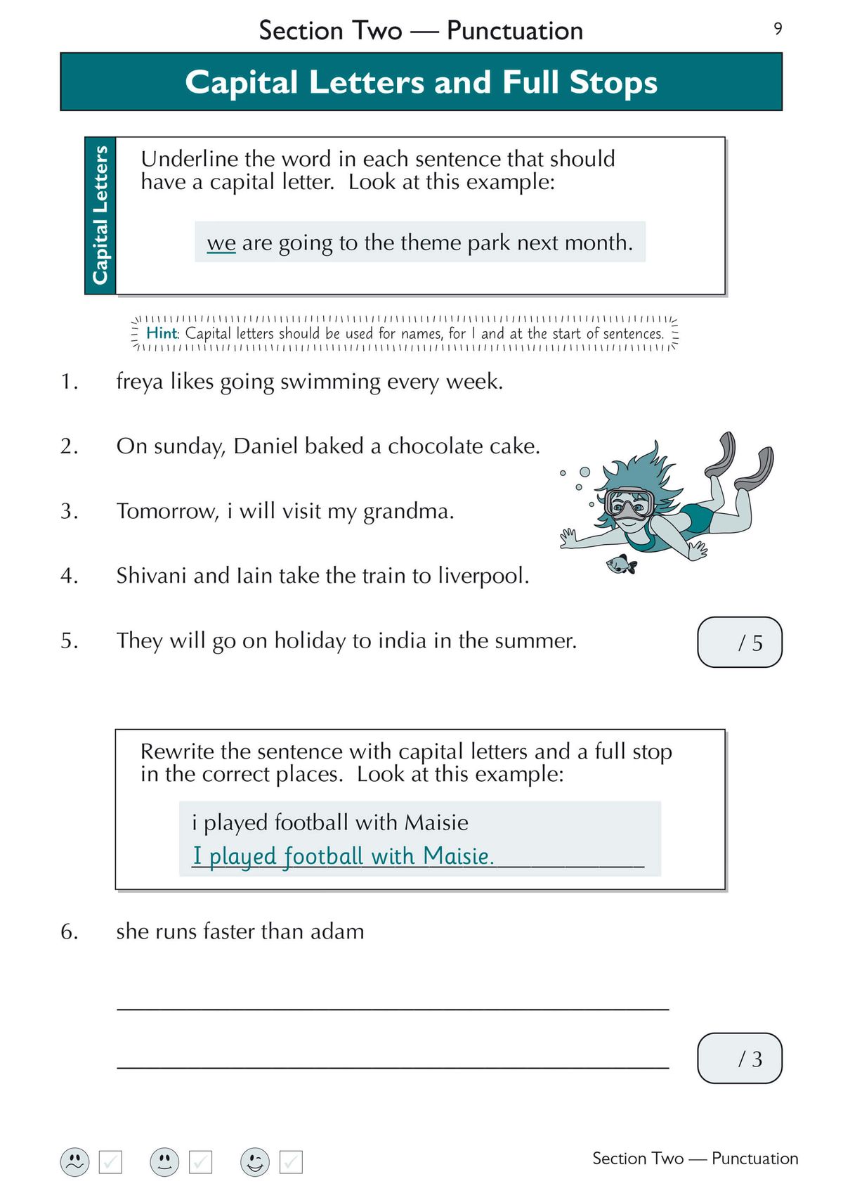 Sample page demonstrating capital letter and full stop exercises with underline and rewrite activities