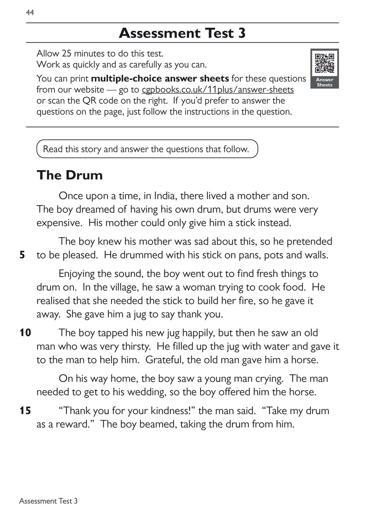 Assessment Test page showing comprehension passage and timed test instructions for ages 6-7