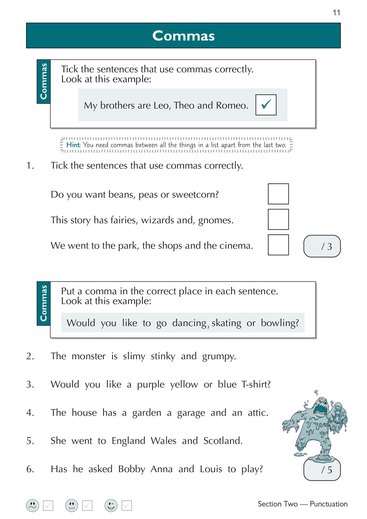 Inside page showing English punctuation practice on comma usage for Year 2 pupils