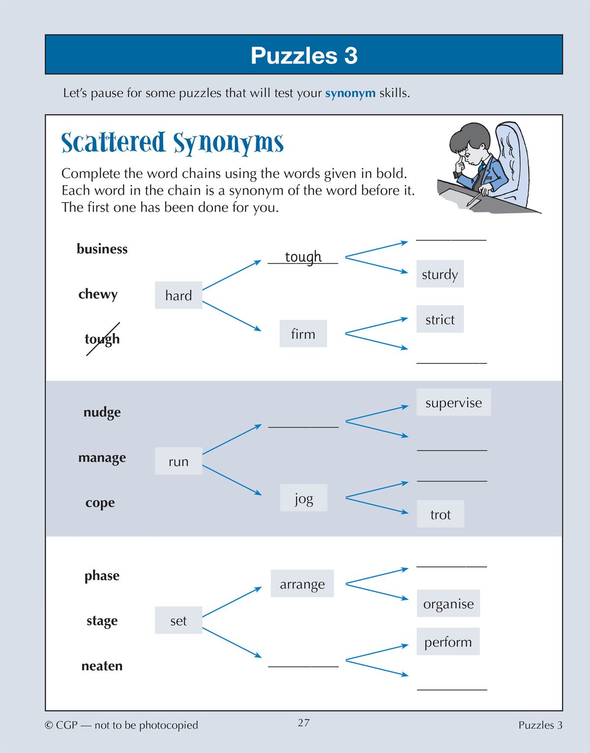 Synonym puzzle page showing word-chain exercises