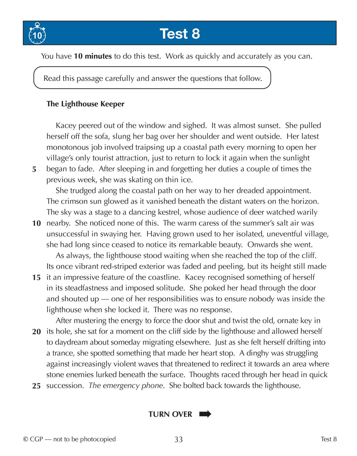 Inside page showing a fiction passage titled The Lighthouse Keeper with comprehension questions