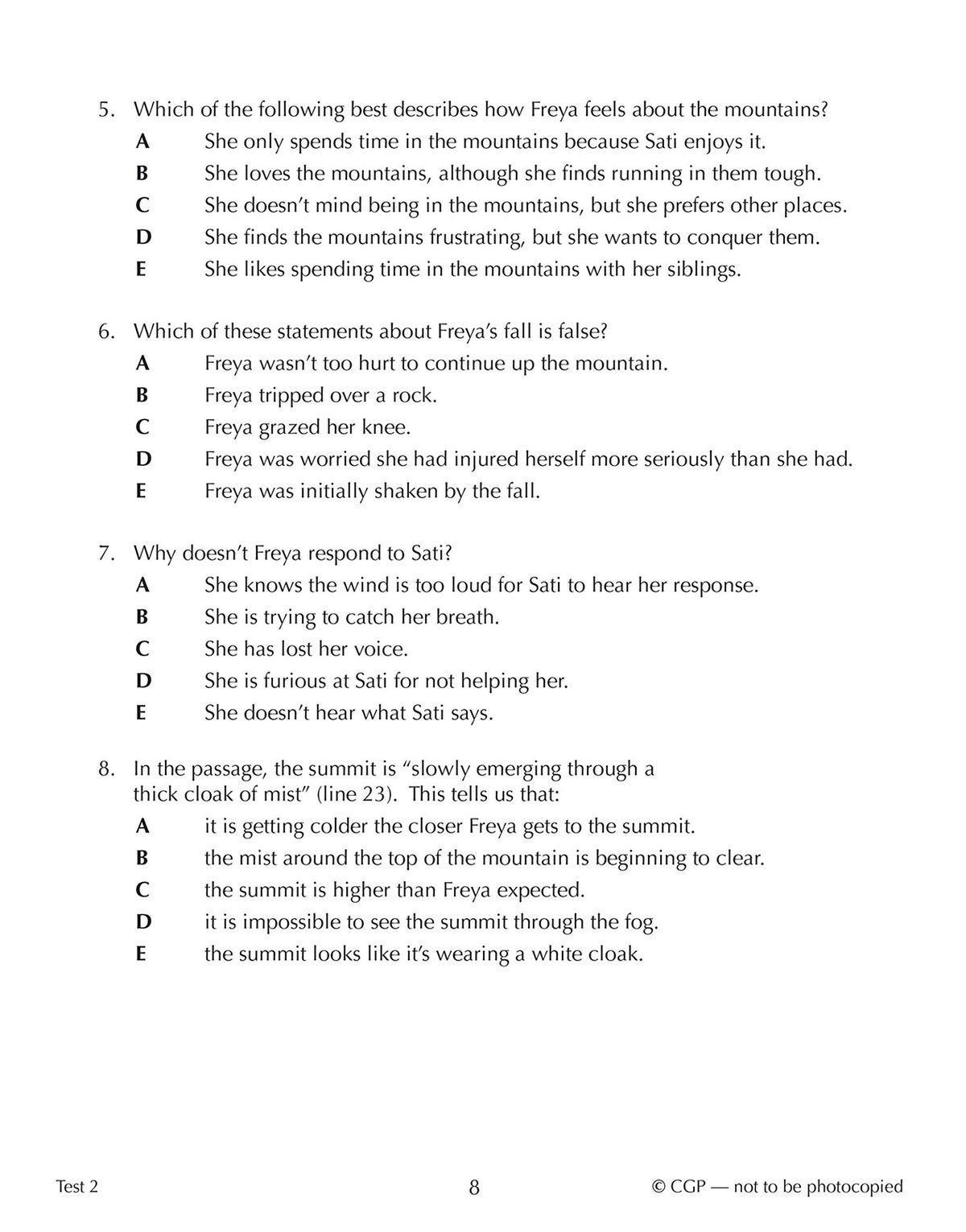 Sample comprehension test pages showing multiple-choice questions on vocabulary and literary devices