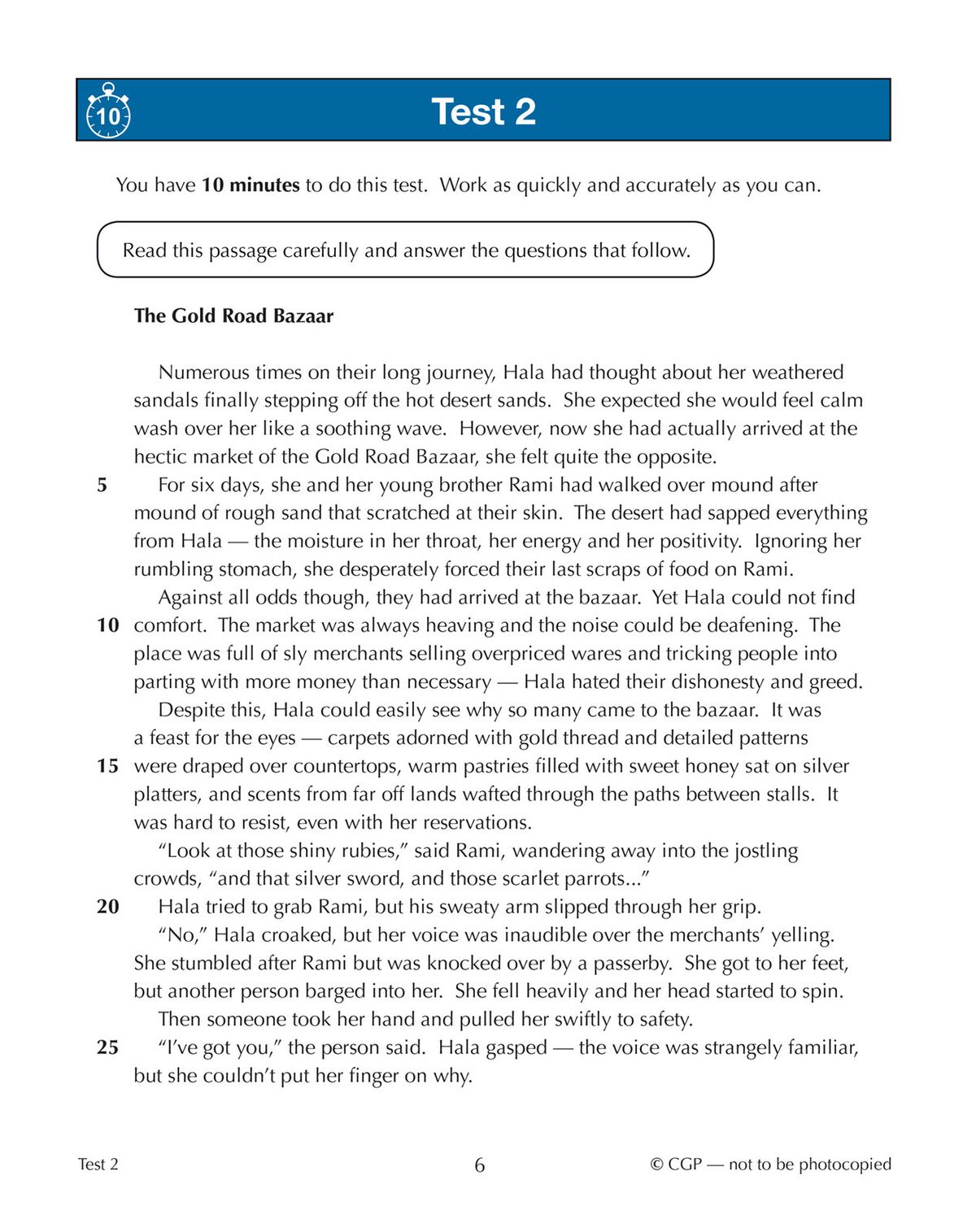 Sample test page showing comprehension passage and multiple-choice questions