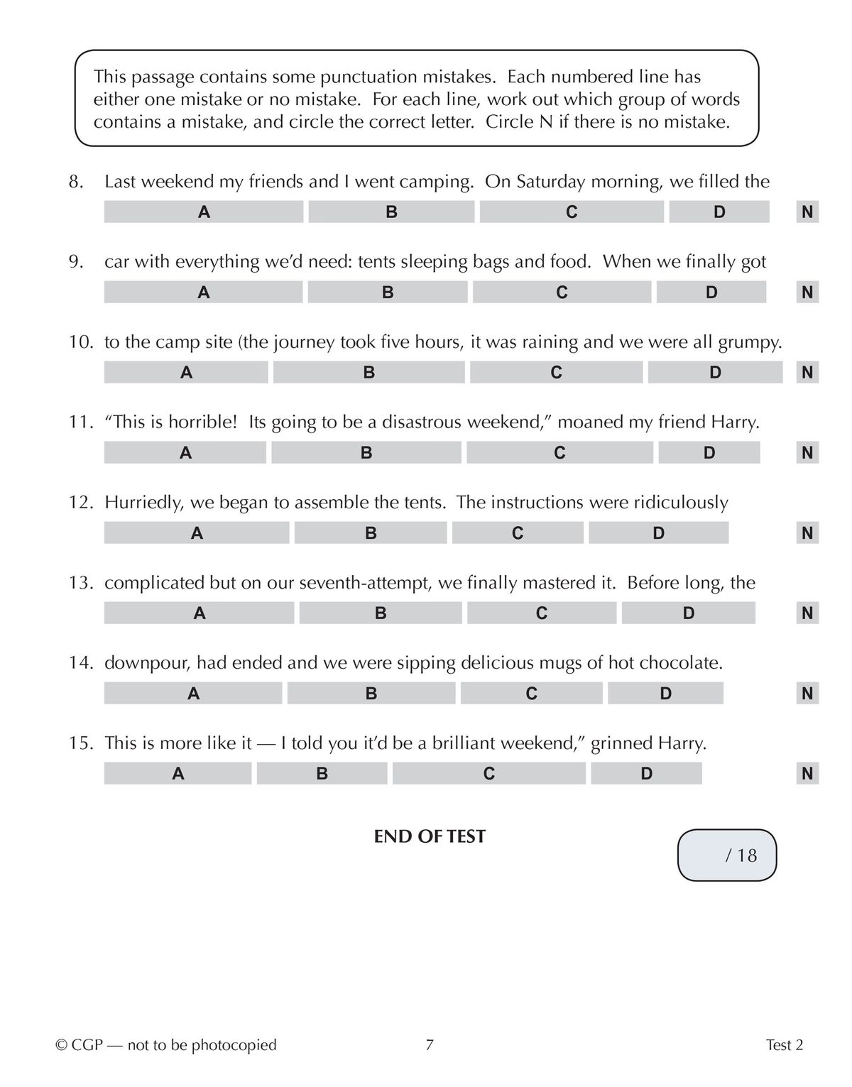 Punctuation test page with multiple choice questions