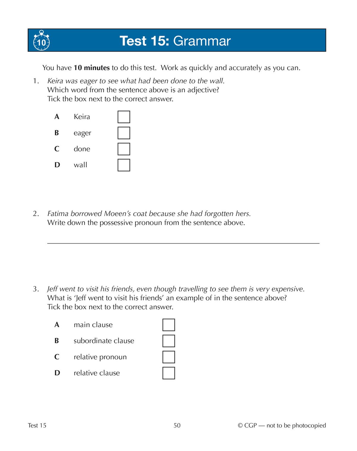 Sample grammar test page showing multiple-choice questions on adjectives, pronouns, and clauses