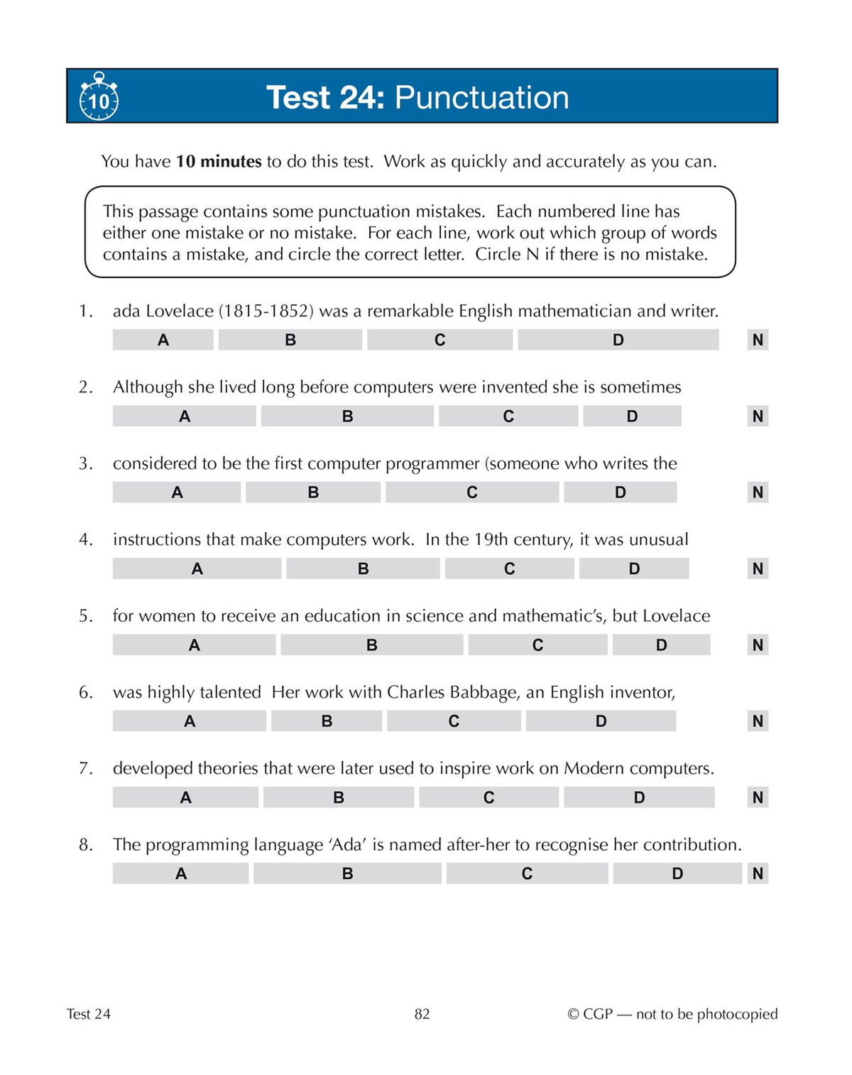 Sample punctuation test page showing passage-based error identification questions