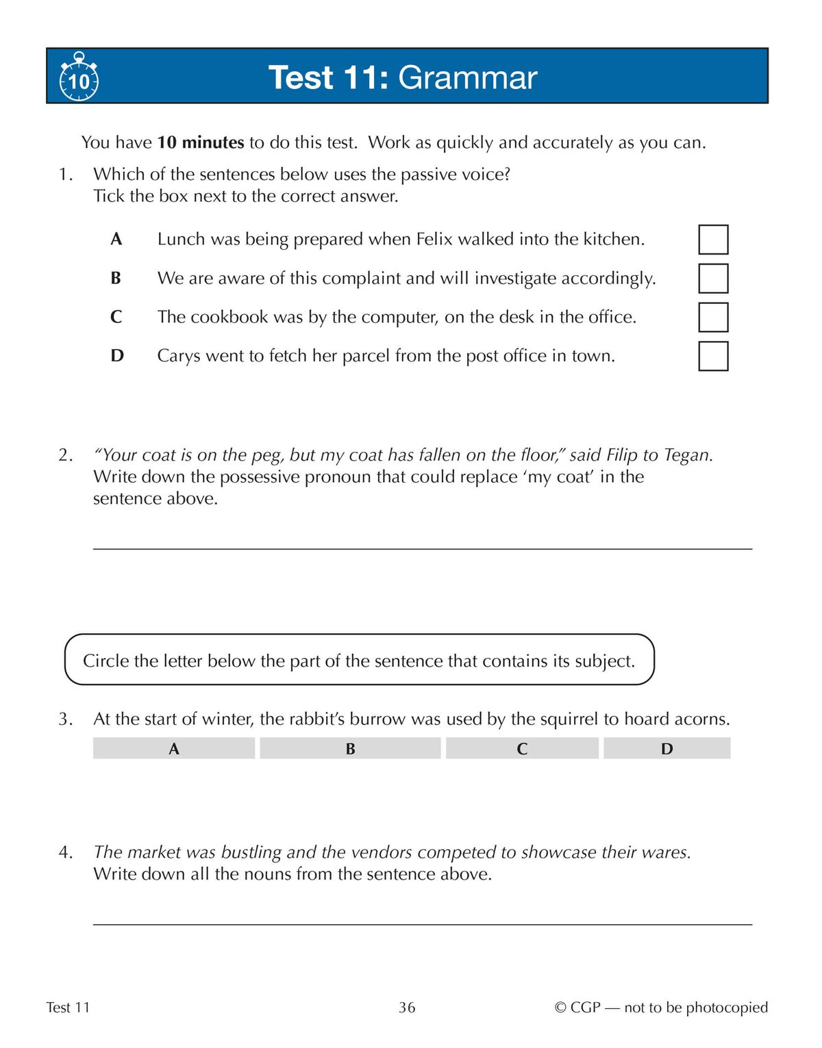 Sample test page showing grammar questions including passive voice, possessive pronouns, and sentence subjects