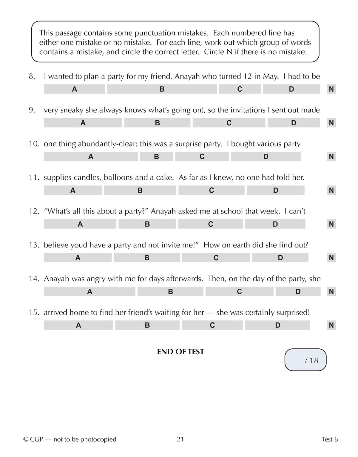 Test page displaying punctuation error identification exercise with multiple-choice format