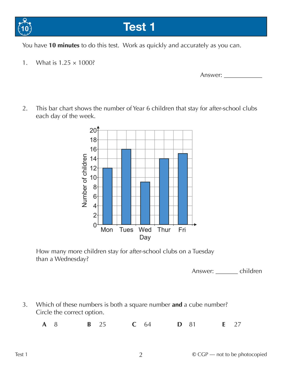 Sample test page from 11+ GL Maths 10-Minute Tests Book 2