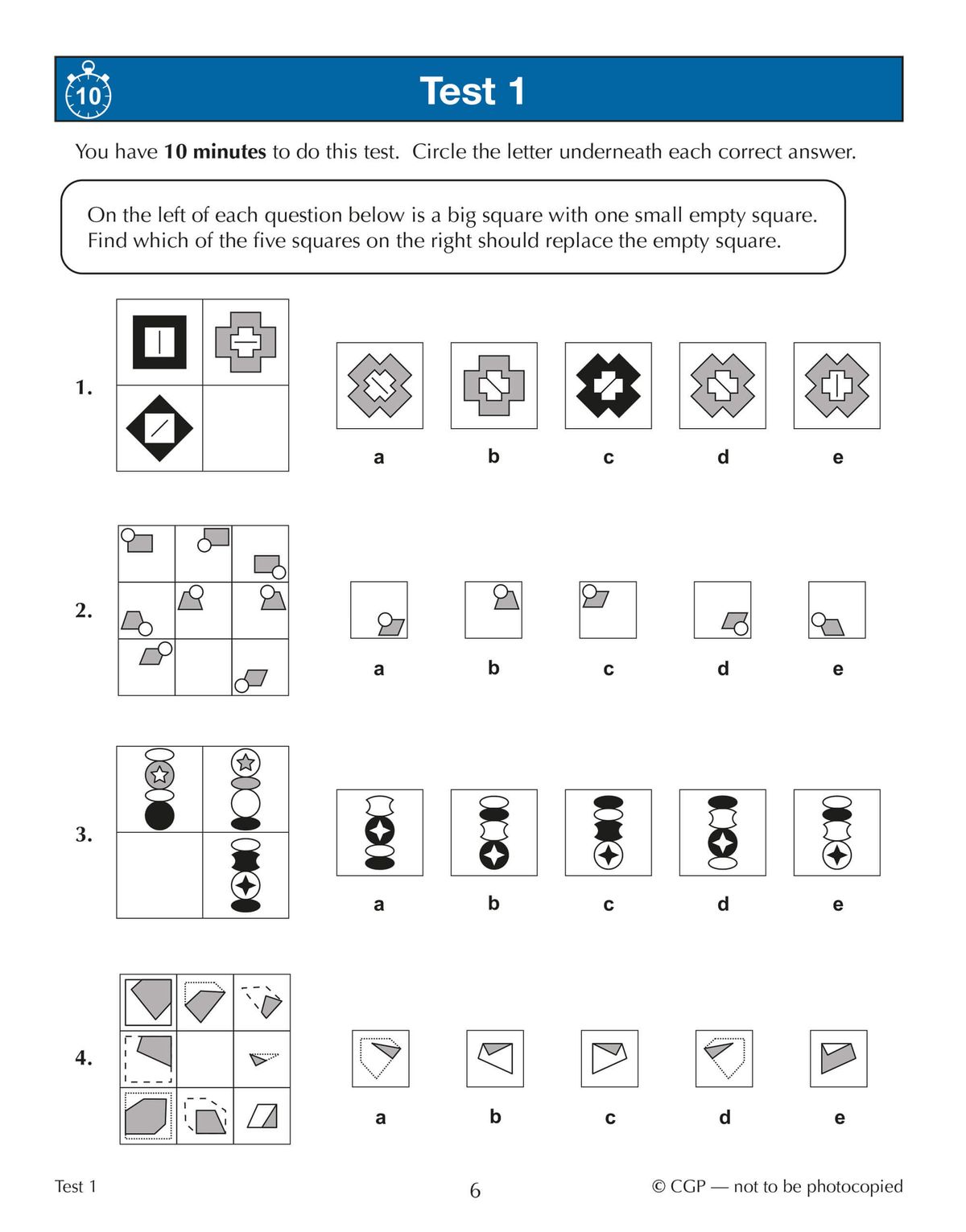 Sample test page showing non-verbal reasoning questions with shapes and multiple-choice answers