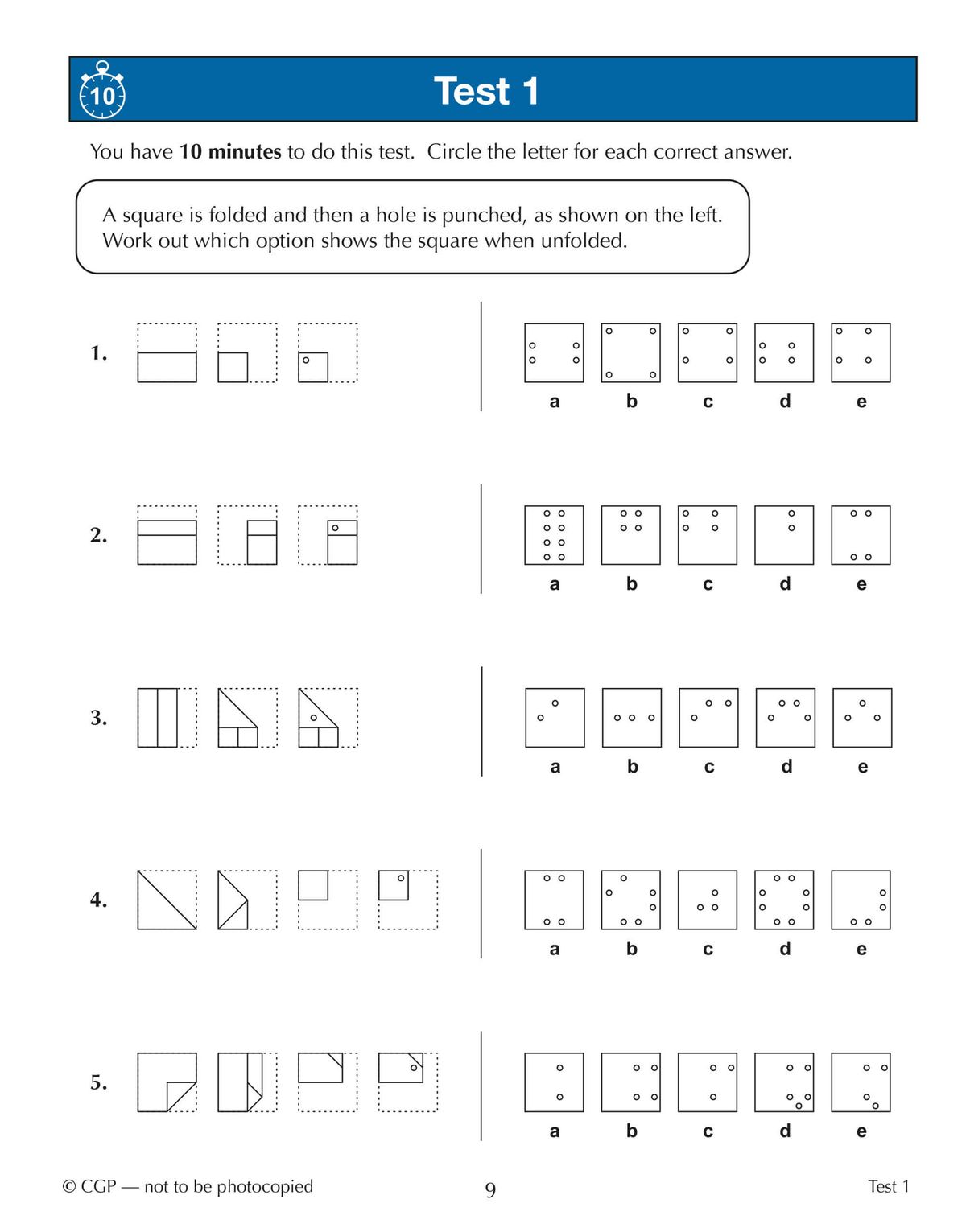 Sample test page showing spatial reasoning questions with folding and 3D cube problems