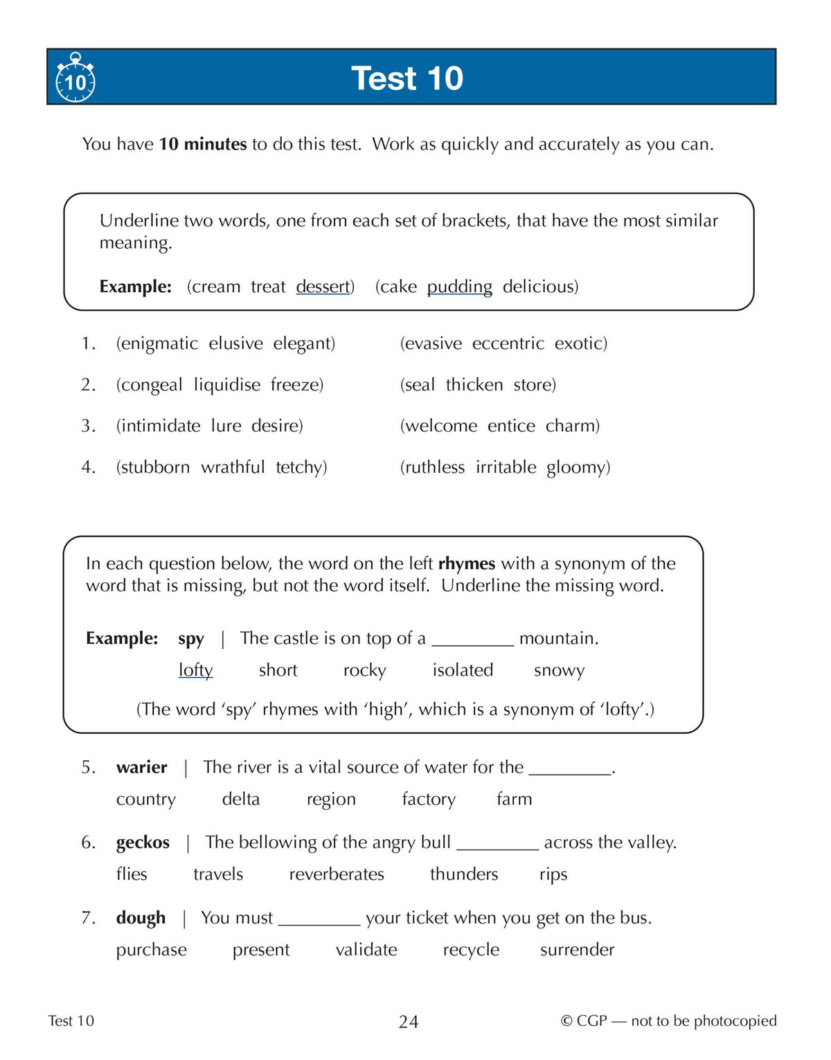 Sample test page showing timed verbal reasoning questions with clear instructions