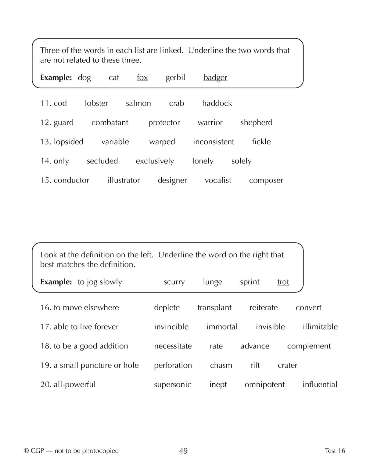 Test page displaying synonym and definition matching exercises with multiple-choice format