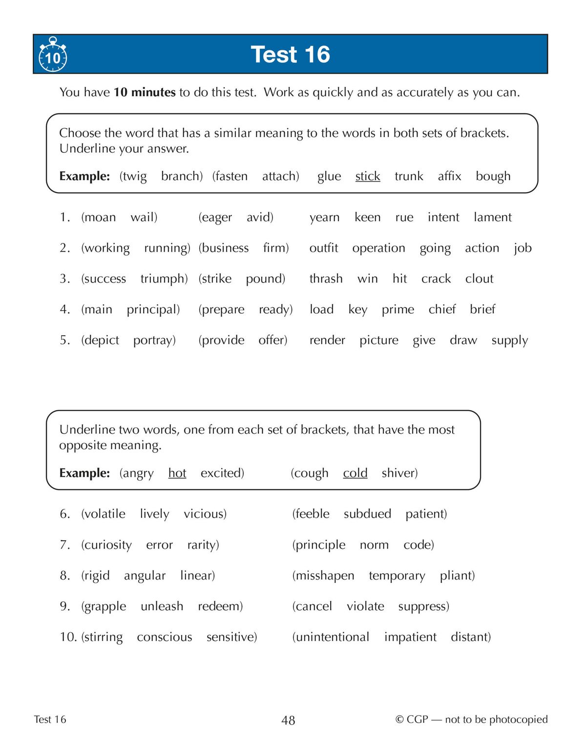 Sample test page showing vocabulary exercises with clear instructions and examples