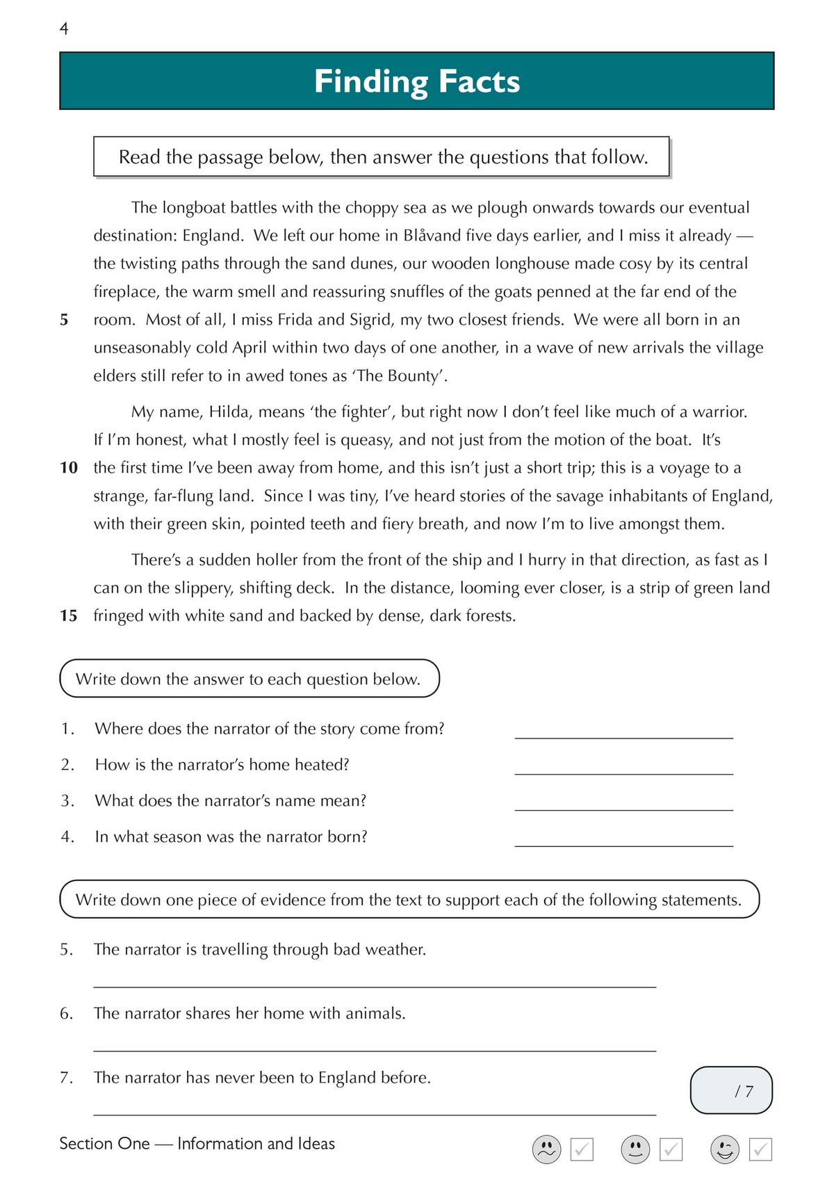 Sample comprehension exercise page showing a Finding Facts task with a prose passage and multiple question types