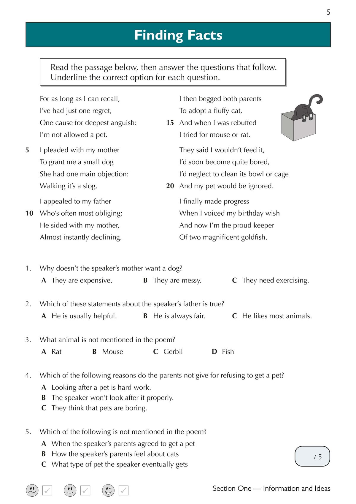 Sample poetry comprehension page with multiple-choice questions and a poem about pets