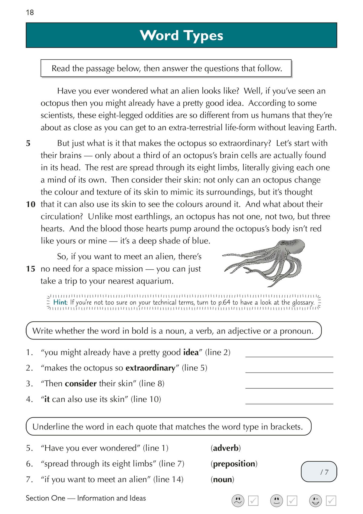 Sample comprehension exercise on word types from the GL English practice book