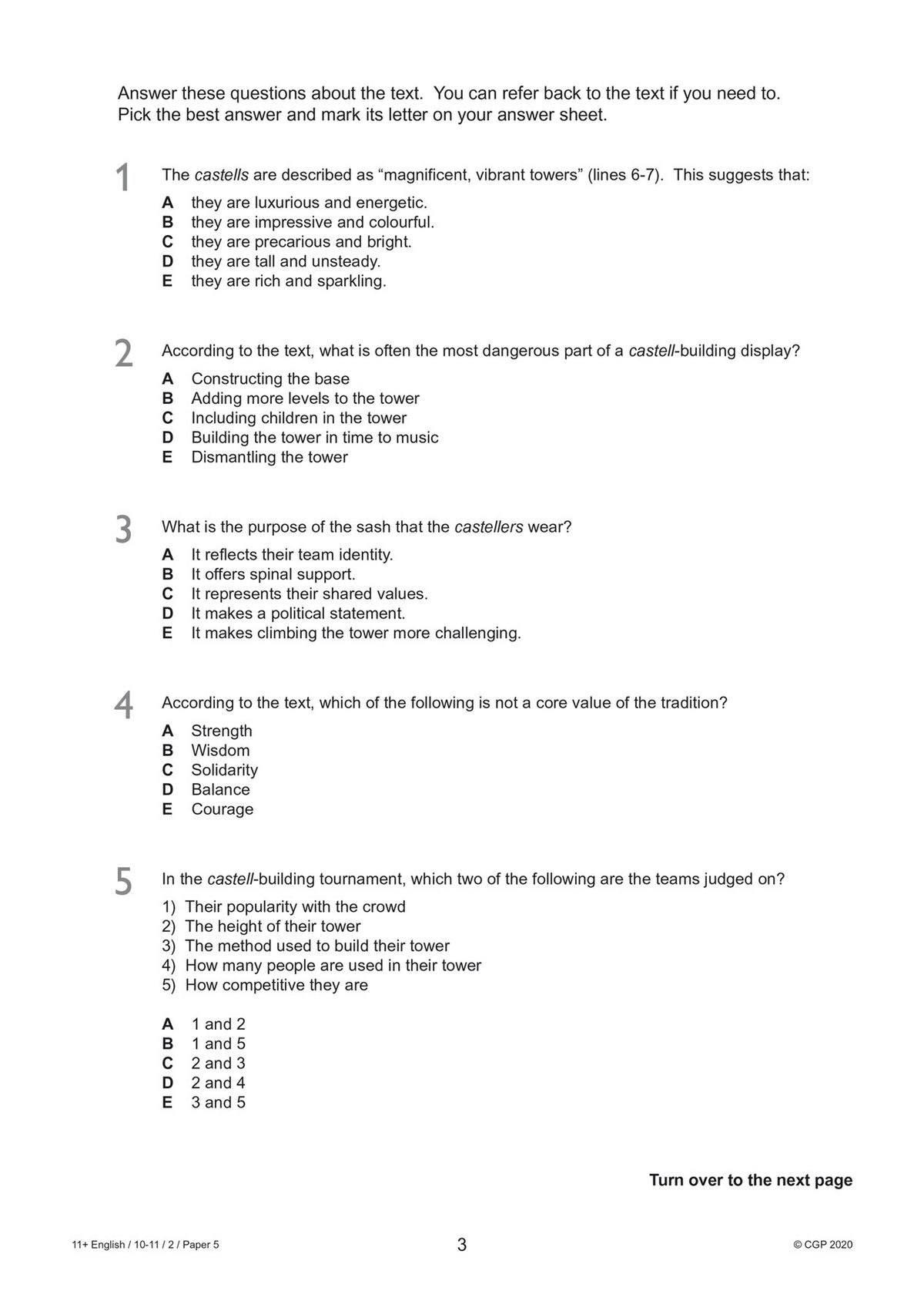 Sample comprehension passage and questions from GL 11+ English practice paper