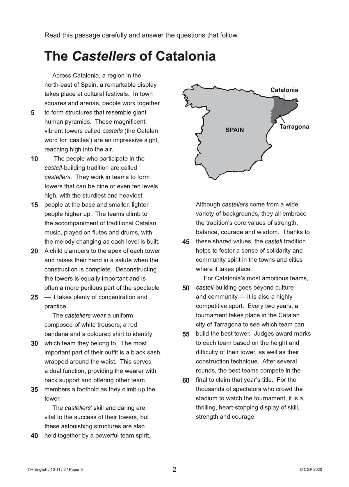 Sample English comprehension passage about Catalonian castell builders with accompanying questions
