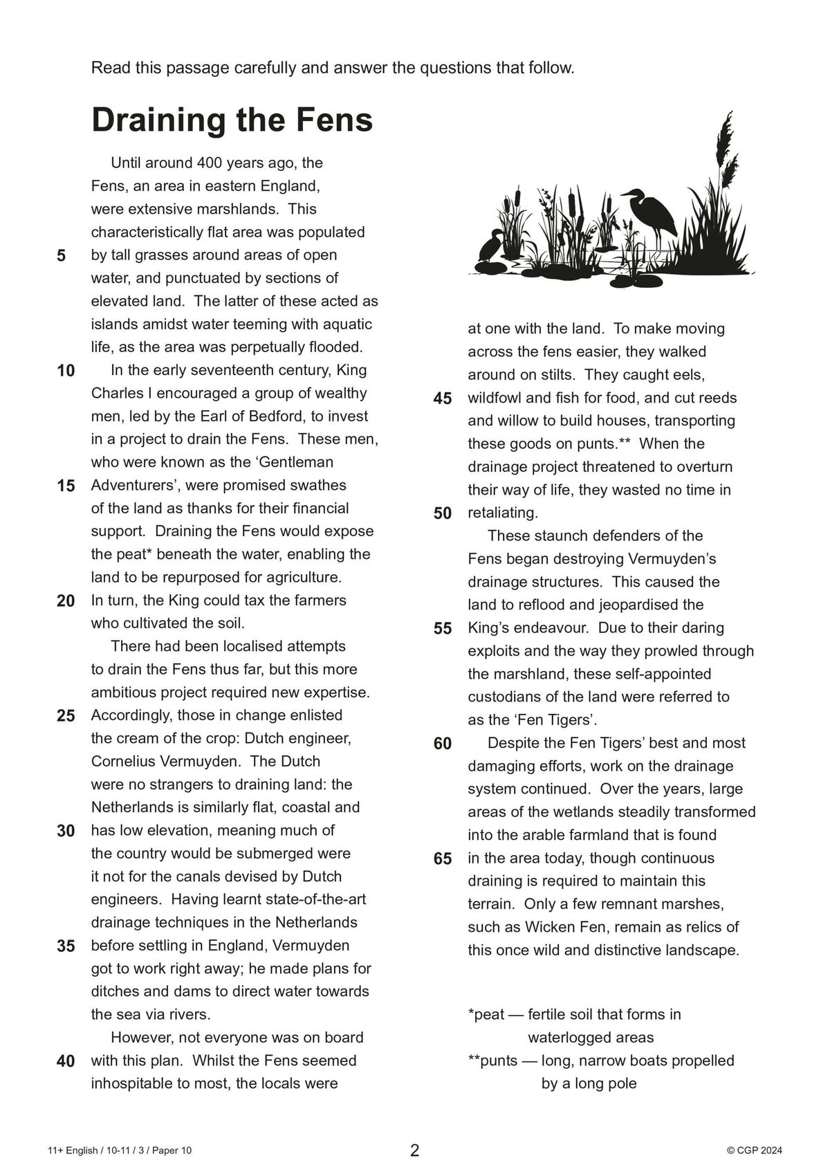 Sample comprehension passage with multiple-choice questions from the practice papers