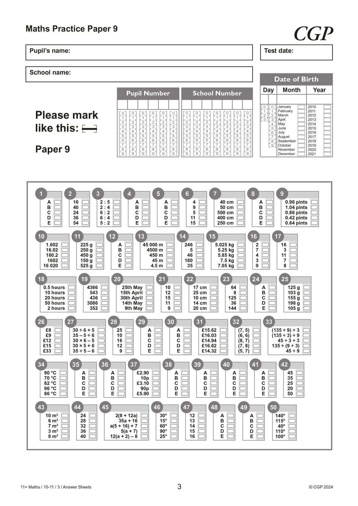 Multiple-choice answer sheet from the 11+ GL Maths Practice Papers Pack 3