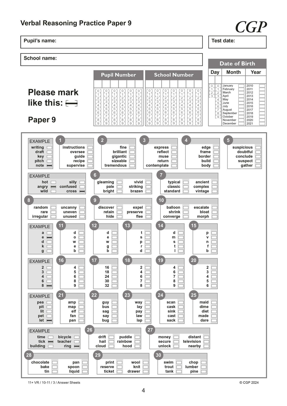 Multiple-choice answer sheet with numbered bubble grids and pupil details section