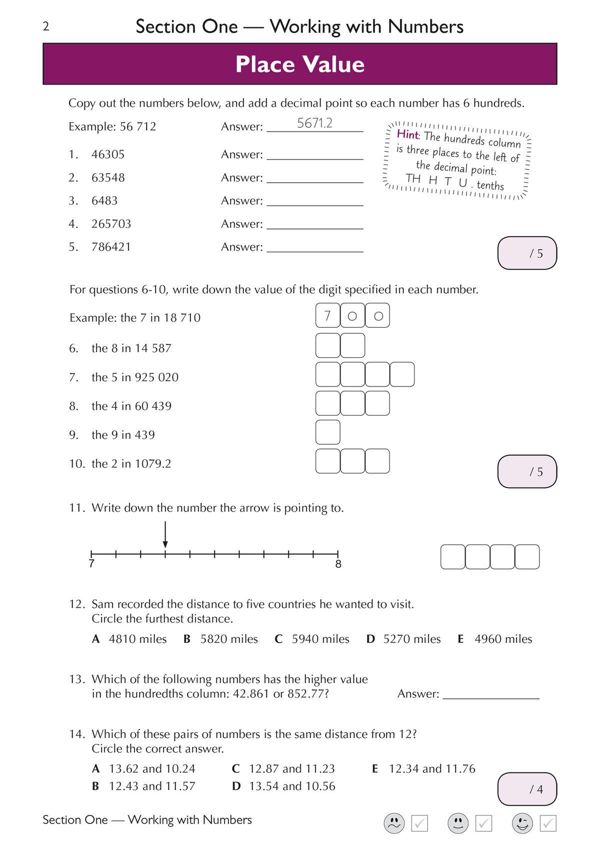 Inside page showing place value exercises with worked examples and answer boxes