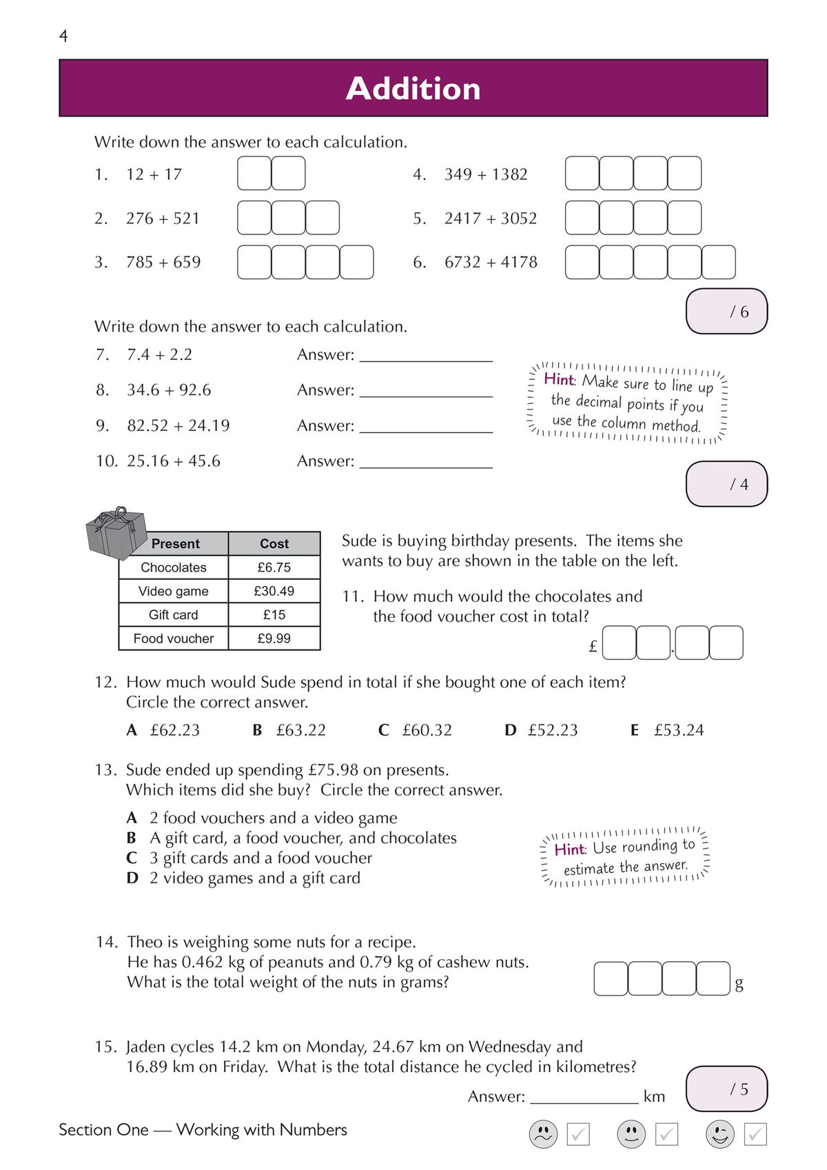 Page showing addition exercises including whole numbers and decimals with space for answers