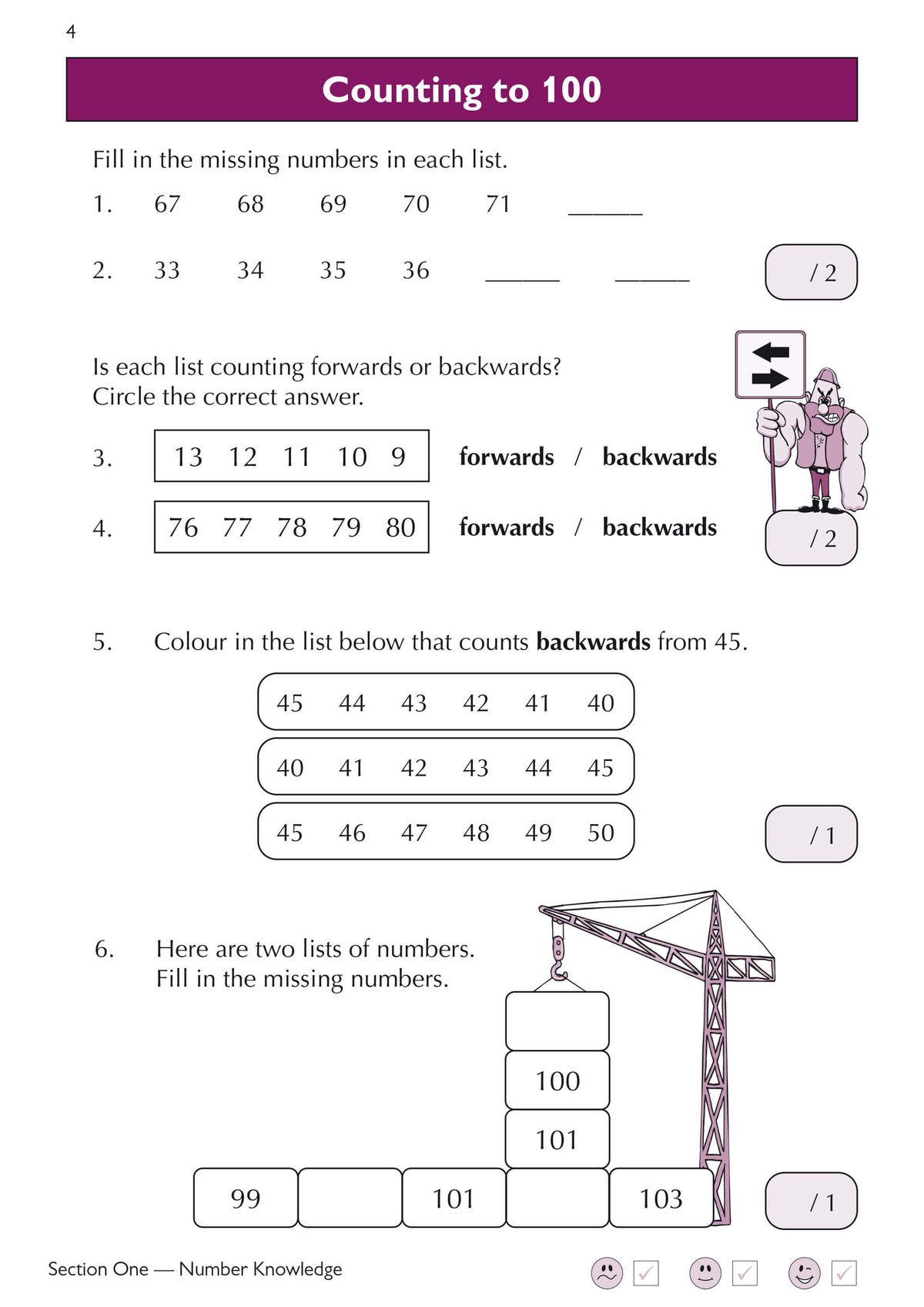 Sample page showing Number Knowledge exercises including matching words to numbers and writing numbers in words and digits