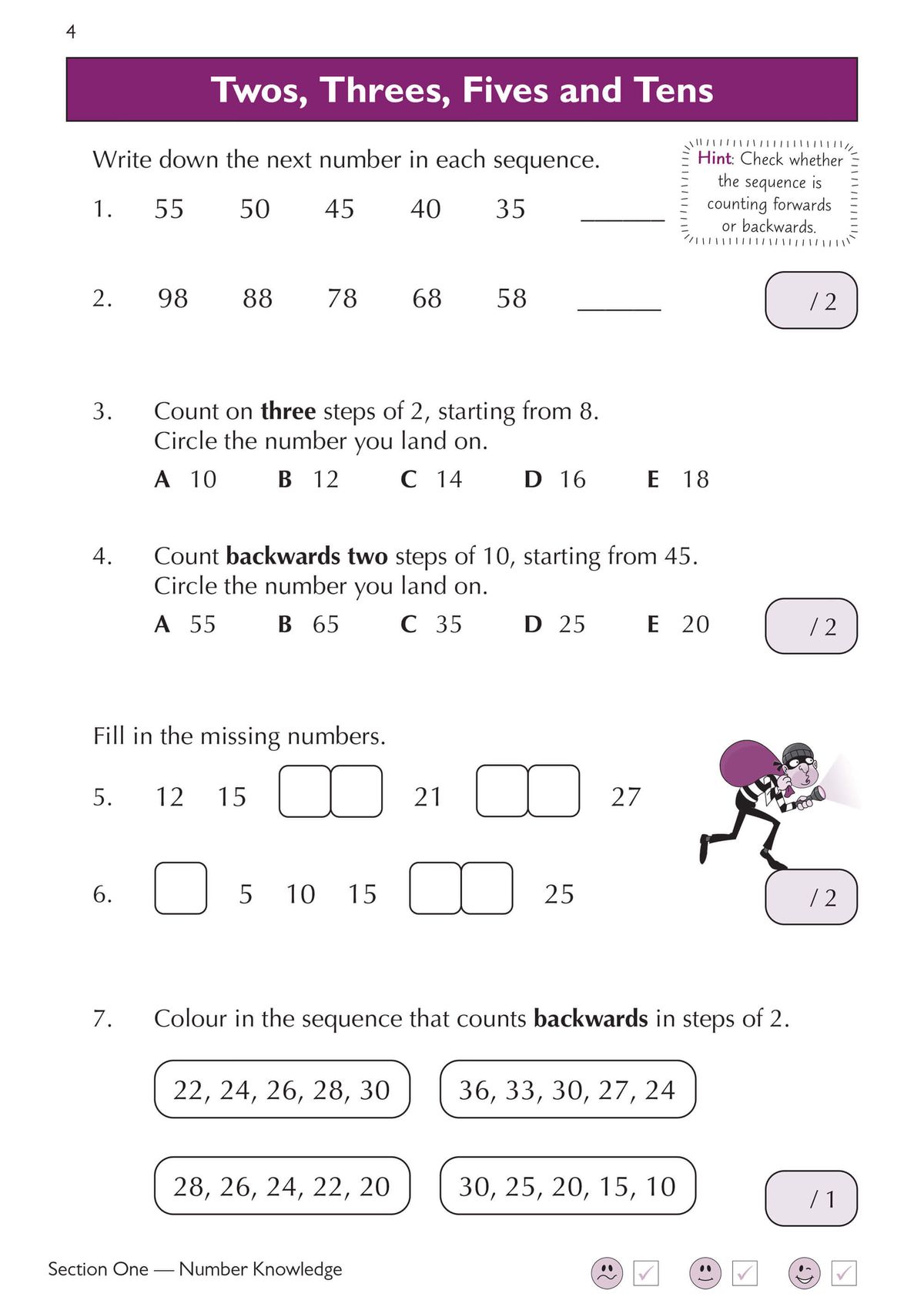 Practice page featuring sequences, counting in steps, and missing number questions