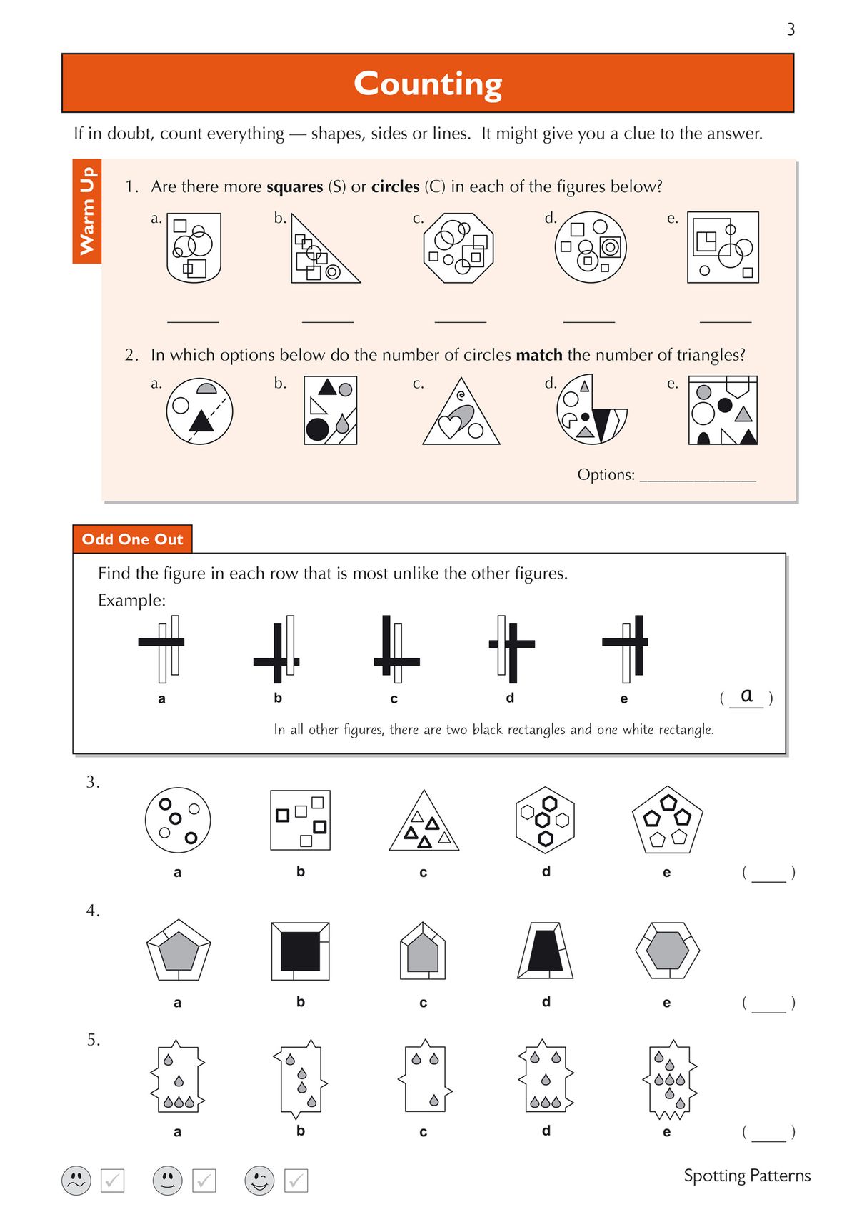 Sample pages showing counting and odd one out non-verbal reasoning questions with worked examples